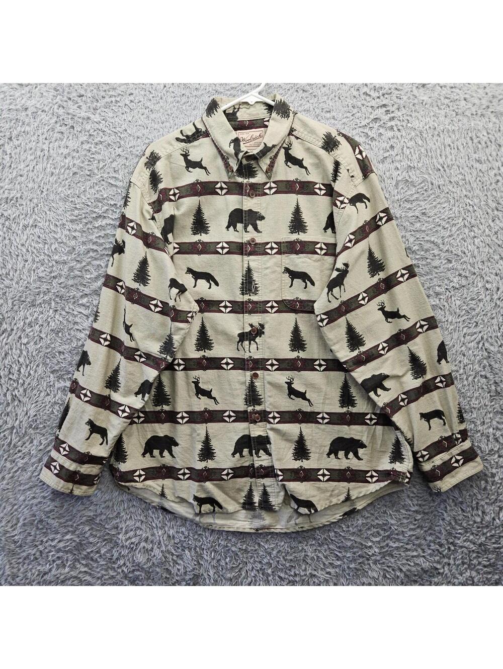Woolrich Vintage Flannel Shirt Men Large Animals Bear Deer Trees Wolf Green